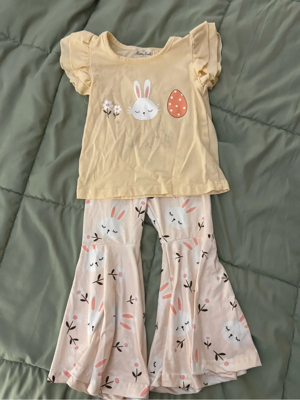 Girls Yellow Bunny Pajama Set with Pink Ruffle Pants